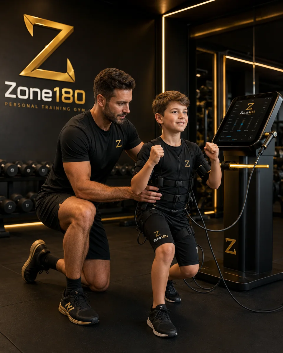 مدرب يشرف على طفل أثناء تمرين EMS
